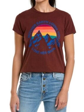 NWT!! MOTHER Short-Sleeve Graphic Tee in Brown with Rainbow Mountain Print